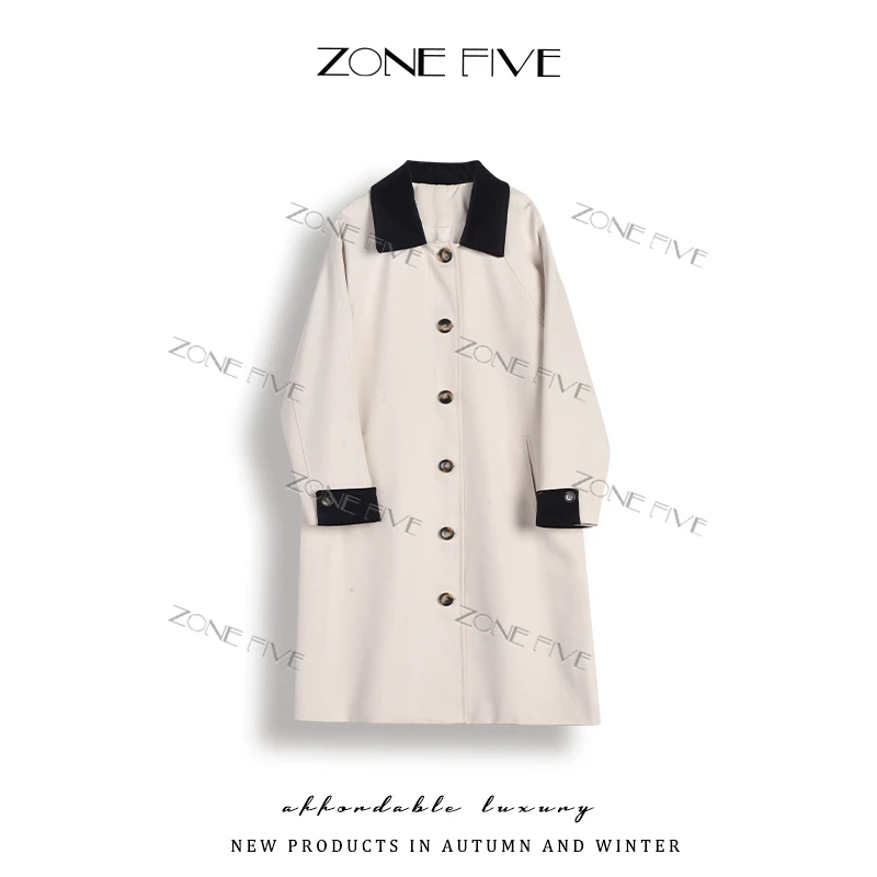 【zonefive】2024秋季新款法式复古显瘦长款撞色风衣外套女--JF2998