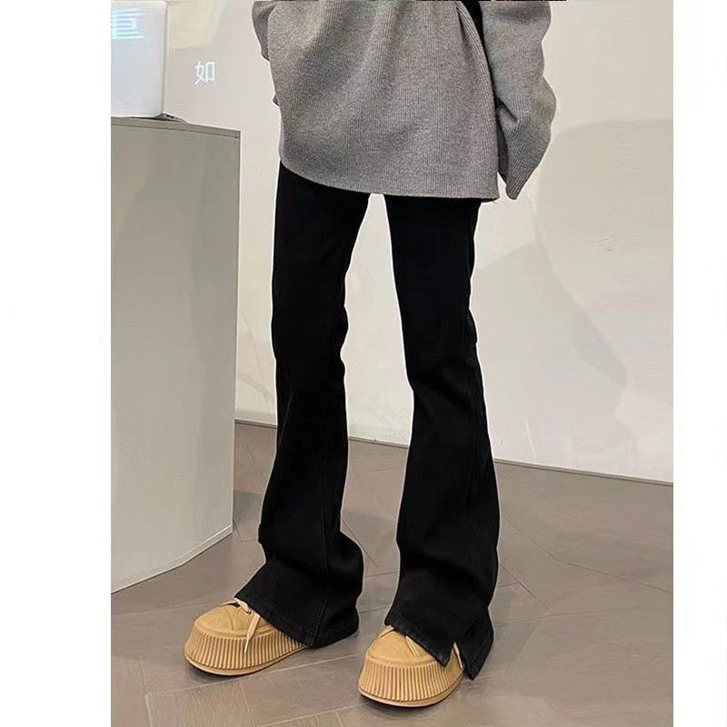欧货黑色开叉微喇叭牛仔裤女春季新款高腰弹力修身显瘦马蹄长裤子