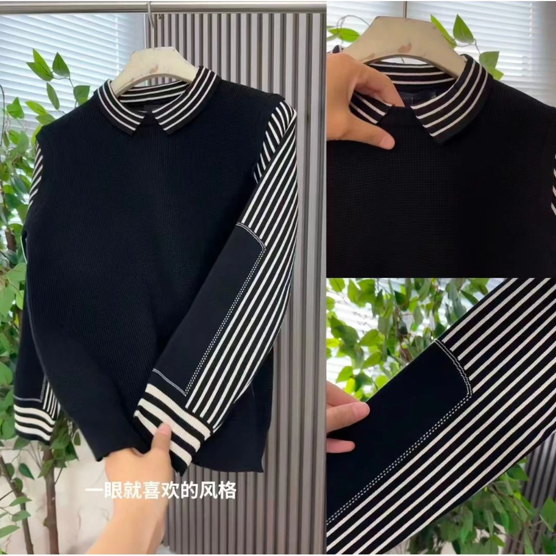 2023男士秋冬假两件针织衫潮流时尚条纹袖子百搭休闲翻领打底长袖
