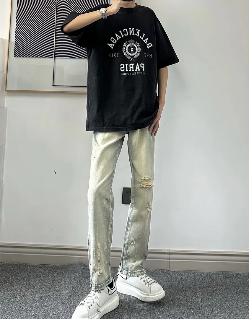 夏季复古黄泥色侧边拉链牛仔裤男女同款