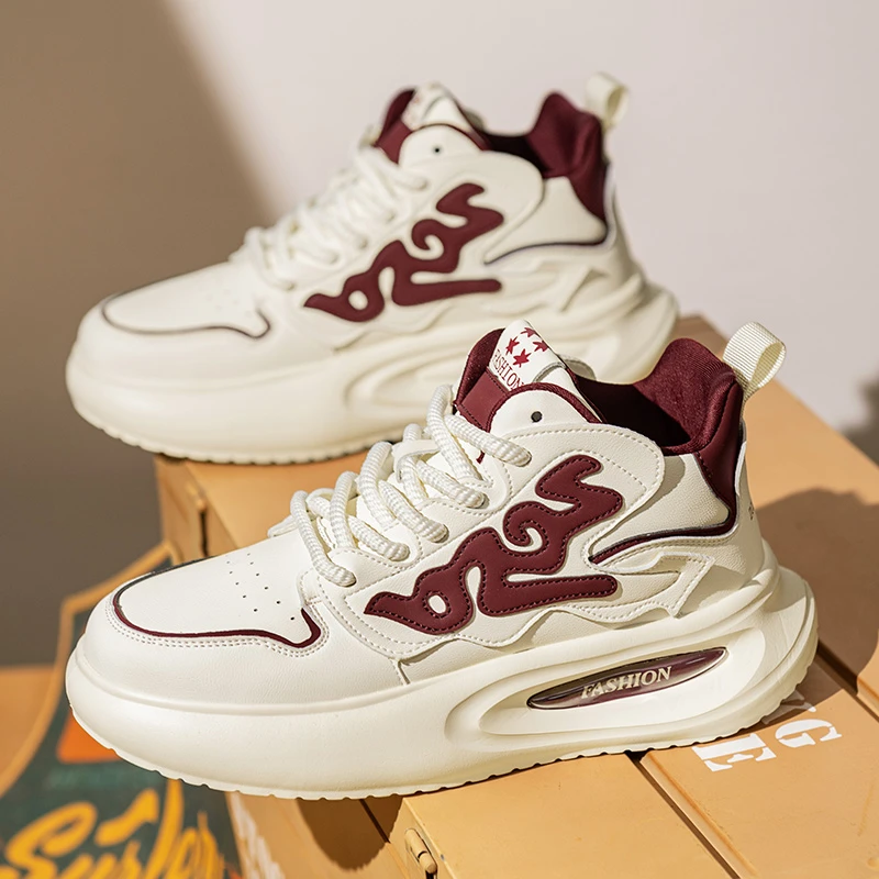 潮流高帮板鞋春季新款时尚高颜值百搭潮鞋皮面厚底男士运动休闲鞋