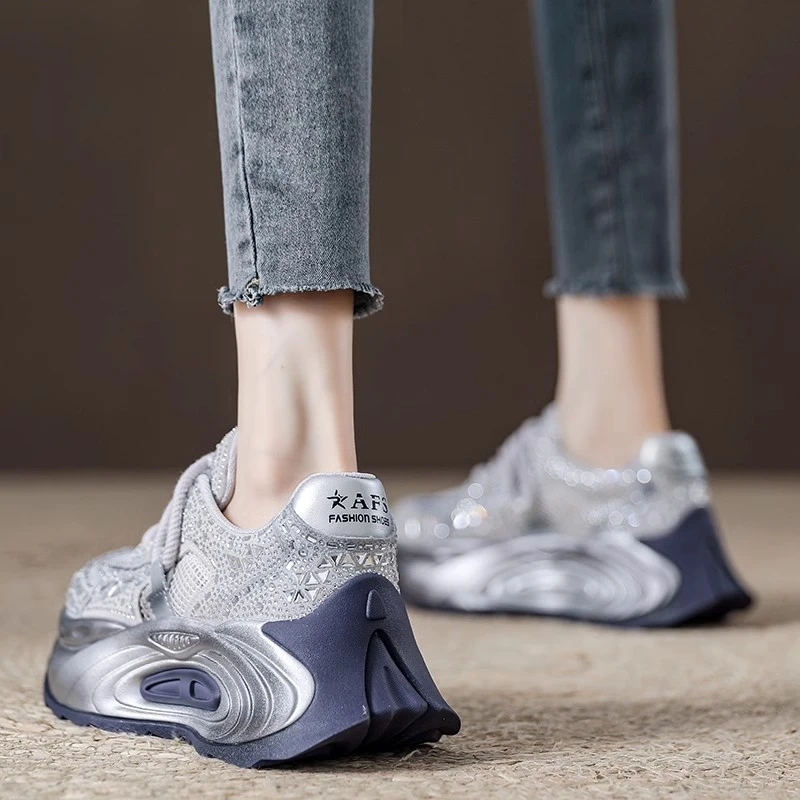 赫莉莲欧货水钻厚底透气老爹鞋女秋2025新款镂空休闲重工运动网鞋