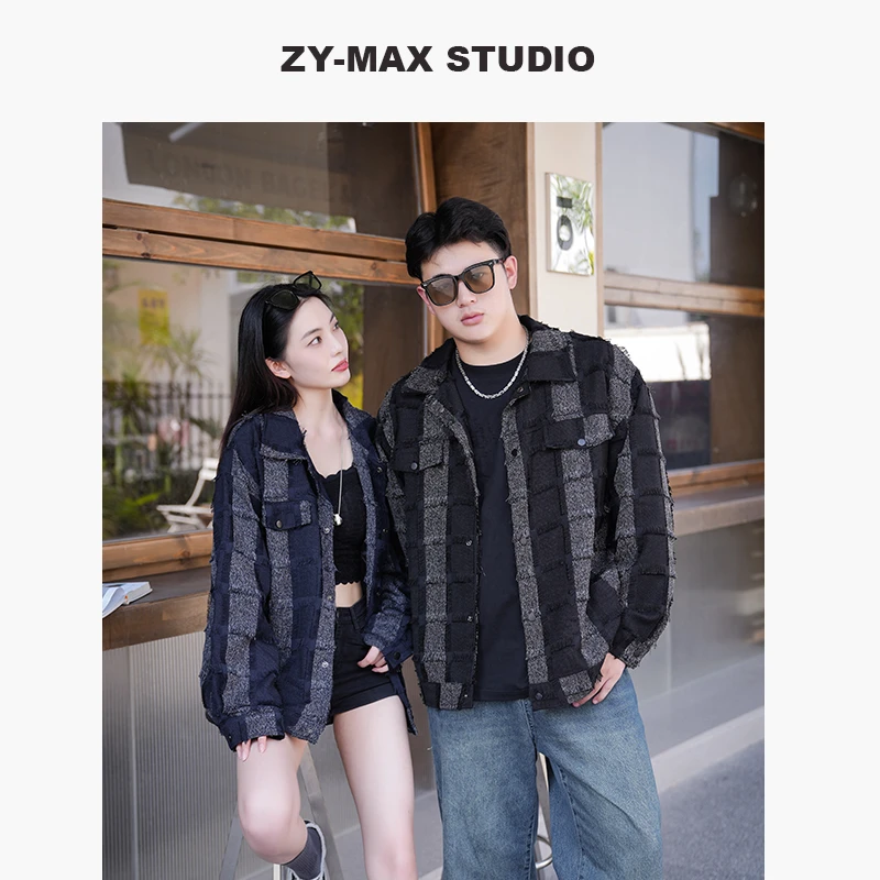 ZYMAX 秋上新棋盘格大码宽松男装情侣复古休闲长袖外套夹克