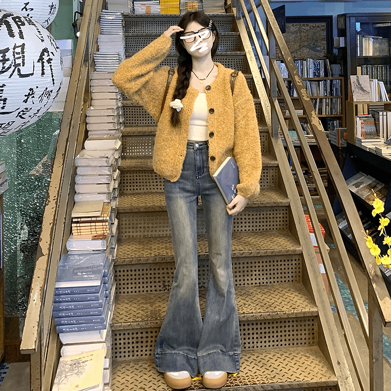 日系慵懒风复古橘黄色毛衣针织开衫2023秋冬季新款小个子短款外套