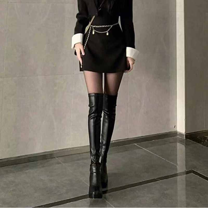 黑色过膝长筒靴女2024年秋新款粗跟防水台高筒靴小个子百搭弹力靴