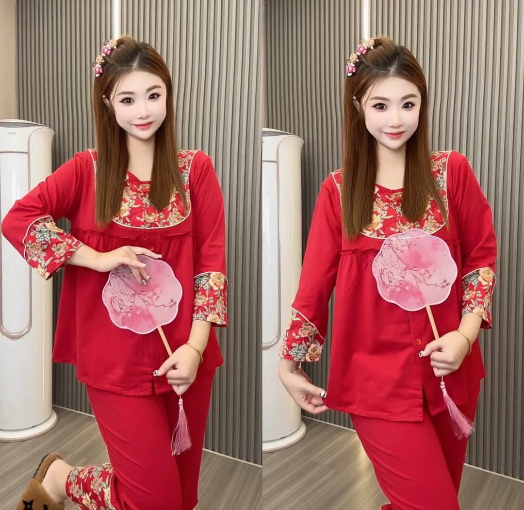 中国风红色睡衣女纯棉九分长袖对襟印花家居服套装新年喜庆本命年