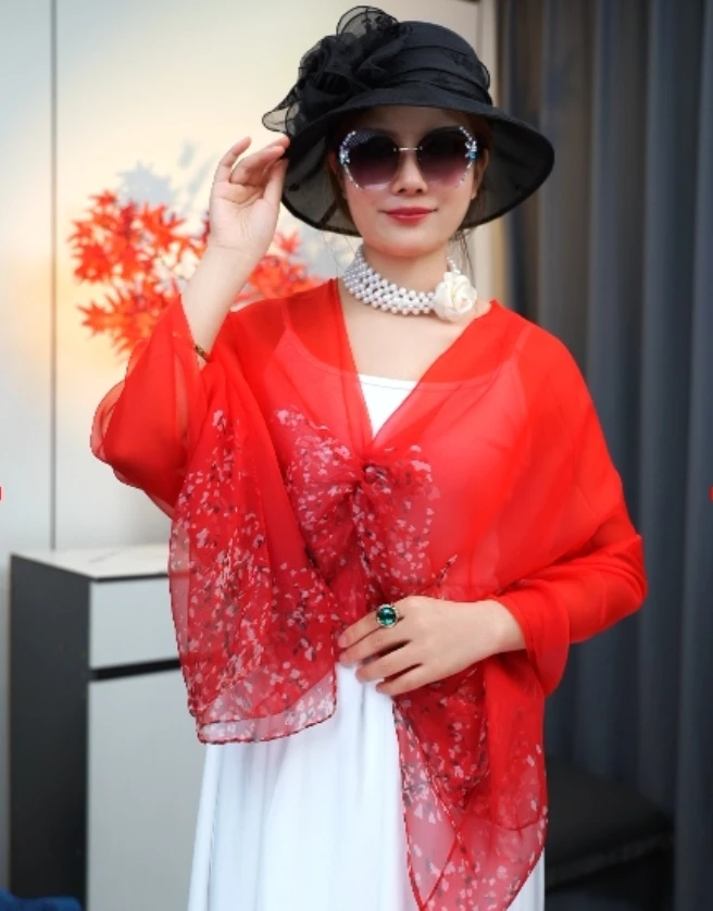 【红色满天星】130X180 左右防晒丝巾女夏季海边沙滩薄款透气披肩