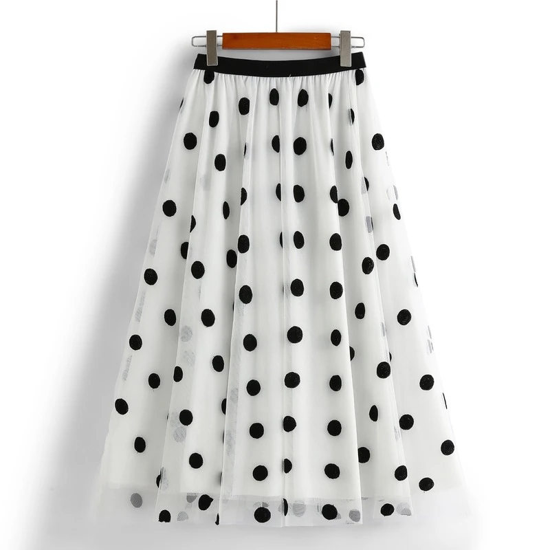 网纱裙长裙波点绣花半身裙重工刺绣修身百搭A字白色裙子