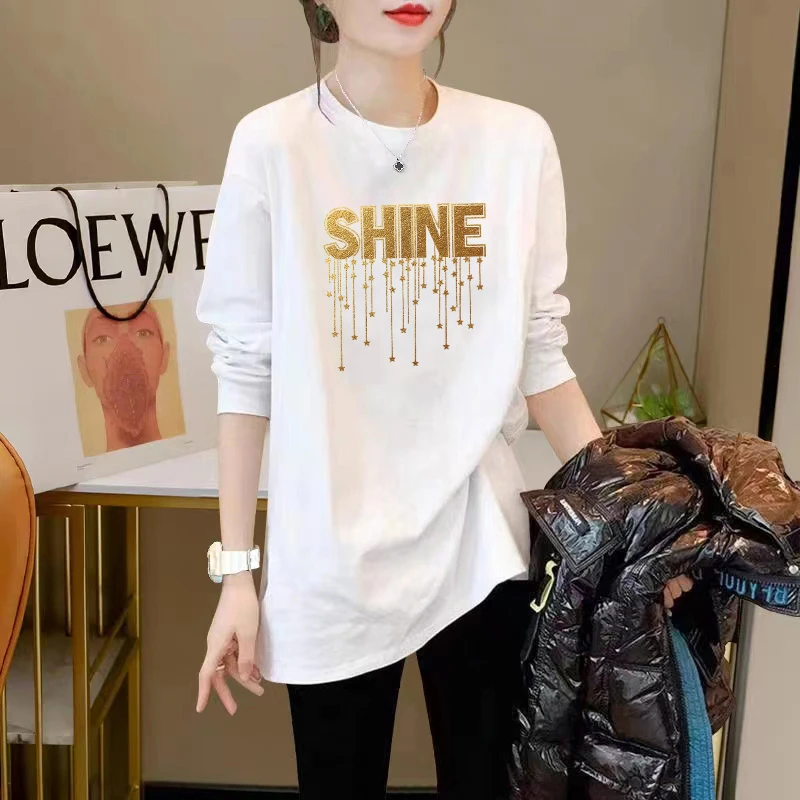 白色打底衫女士2025秋季新款休闲百搭正肩长袖T恤宽松遮屁股上衣