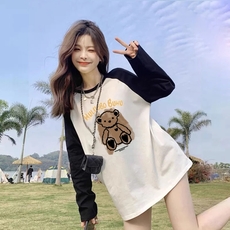 撞色插肩长袖t恤女2023春秋拼接纯棉内搭长款打底衫洋气上衣女ins