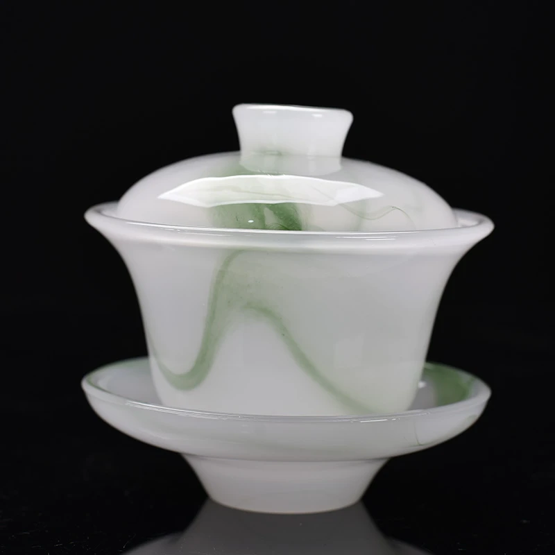 琉璃盖碗泡茶杯大号不烫手三才碗功夫茶具单个水墨玉瓷茶碗