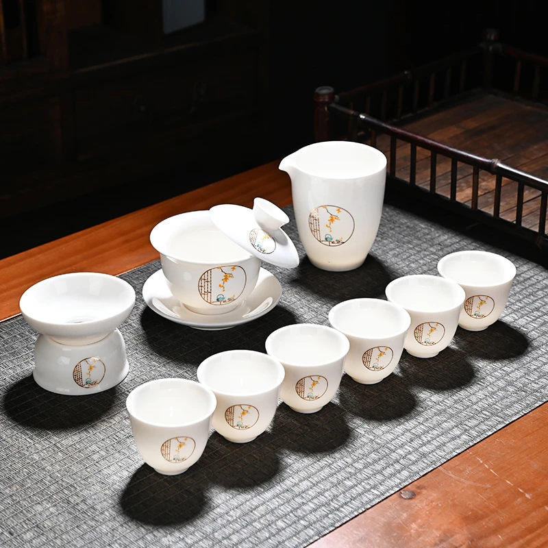 巴花整套茶具悬停羊脂玉瓷旋转盖碗茶具套装中式陶瓷家庭办公茶具