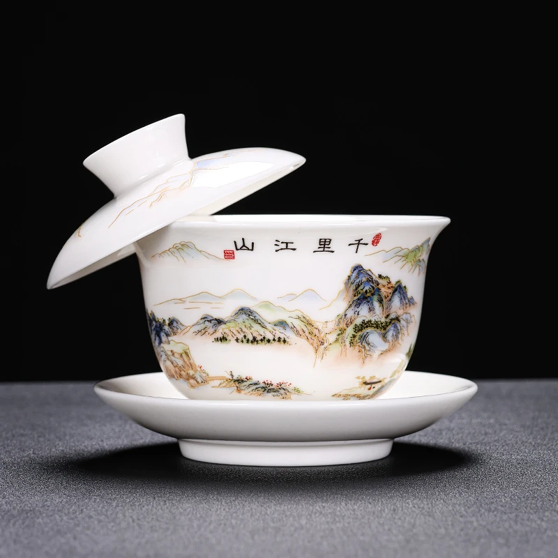 【悬停盖碗】简约高档大容量白瓷陶瓷茶盖碗瓷盖碗羊脂玉瓷中式盖碗