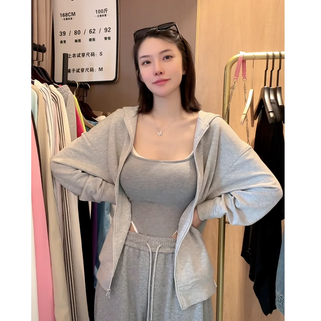 【1085】灰色拉链卫衣外套女春秋款初秋韩系连帽开衫上衣秋冬穿搭