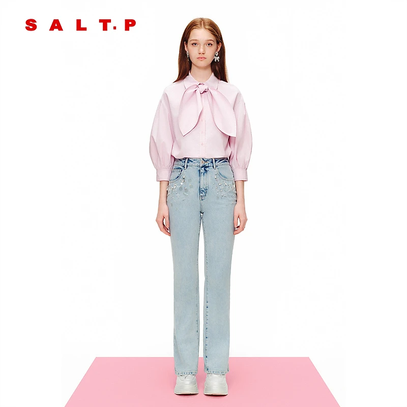 可颜甜美兔耳朵系带泡泡袖简约七分袖衬衫2024春新款AC34130080