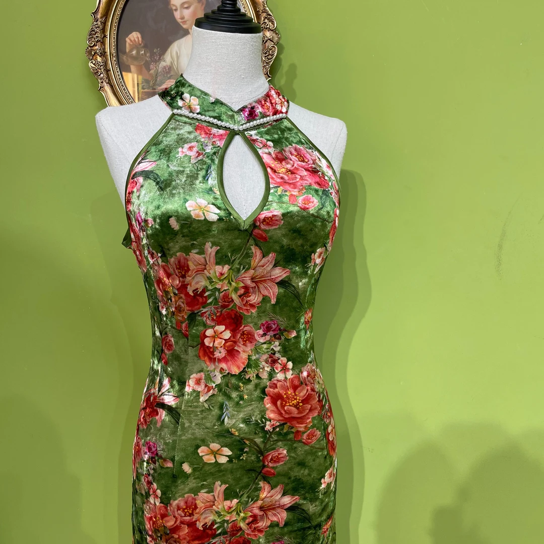 【琉璃翠】肆意新款削肩水滴领中国风长款胖显瘦秋冬金丝绒旗袍