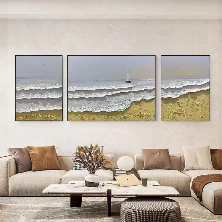 【沙滩大海】沙发背景挂画纯手工手绘厚油肌理客厅挂画非打印喷绘