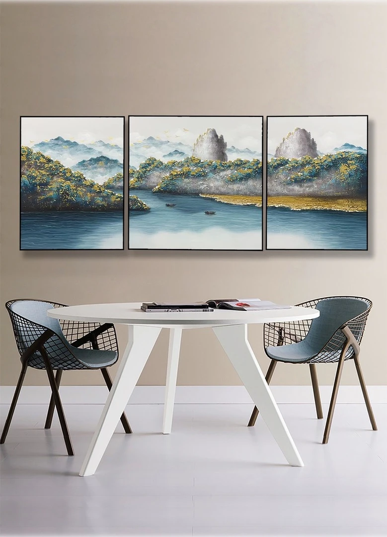 【孔雀蓝金山 】纯手绘厚油肌理沙发背景过道走廊壁画现代简约风