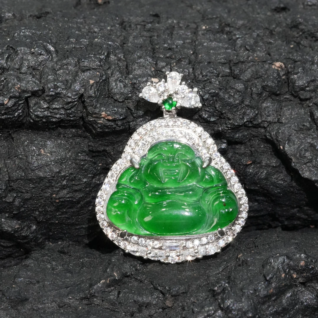 【翠玉翡翠】天然A货翡翠佛镶嵌公吊坠精美雕满色多样性发不含链嵌