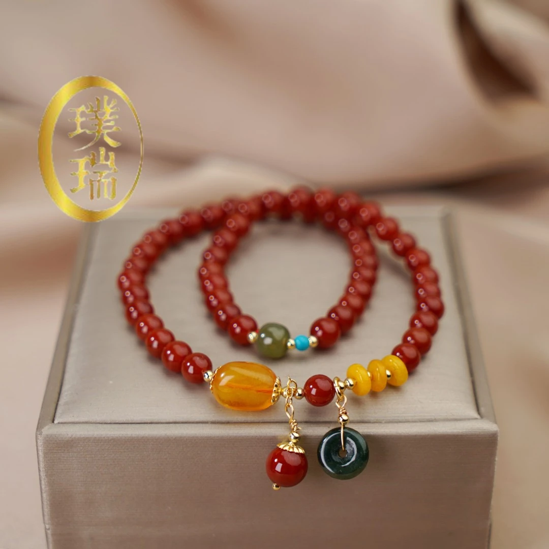 天然南红双圈配翡翠蜜蜡手链 多样性发一SL250