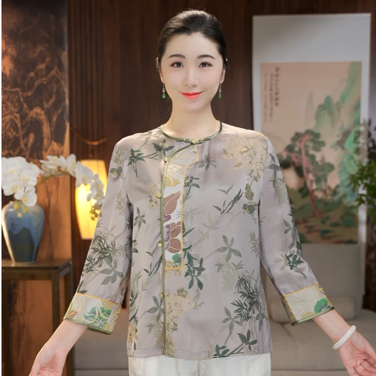 【晓静·灵云】圆领中国风桑蚕丝时尚显瘦上衣