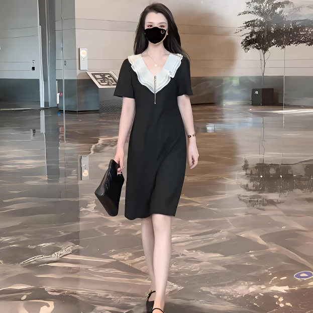 百搭时尚简约连衣裙女2025夏季新款宽松显瘦遮肚子中长款小黑裙子