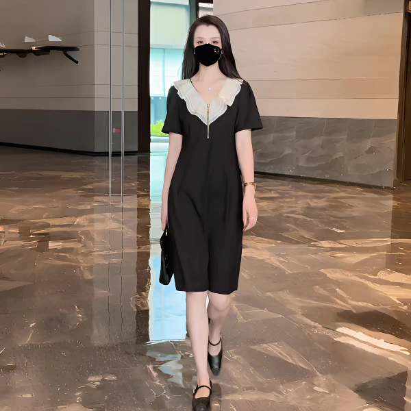 气质法式修身连衣裙a字裙夏季新款赫本宽松显瘦遮肚子小黑裙