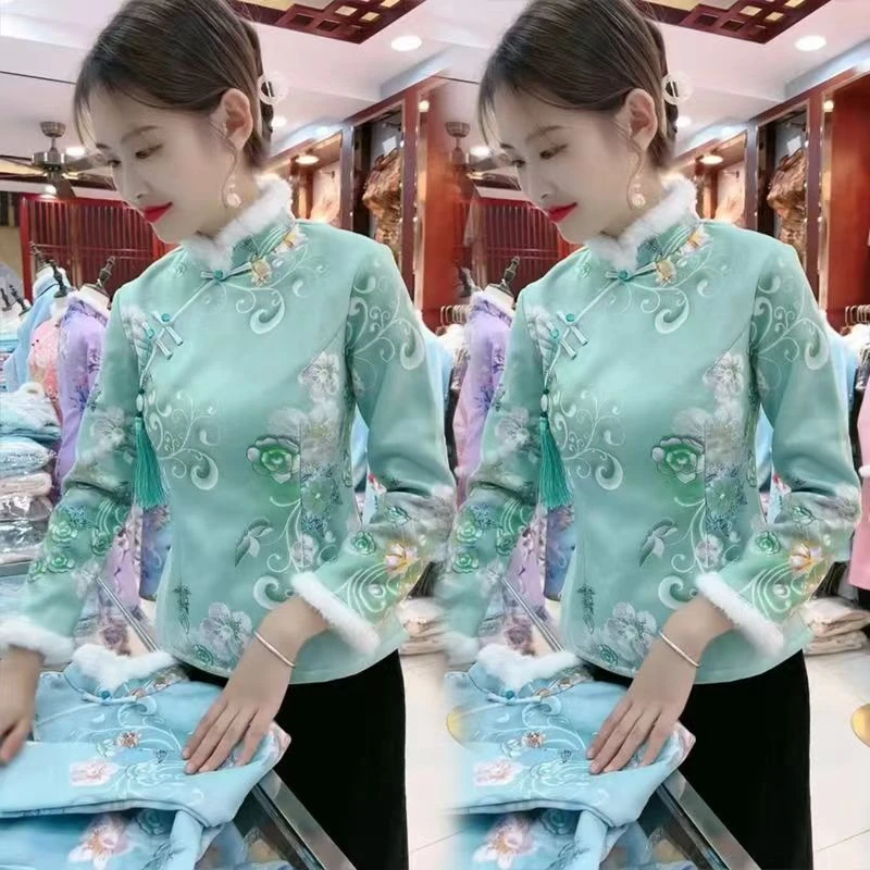 短款修身显瘦网红民族风保暖潮2023新款加绒加厚秋冬季旗袍上衣女