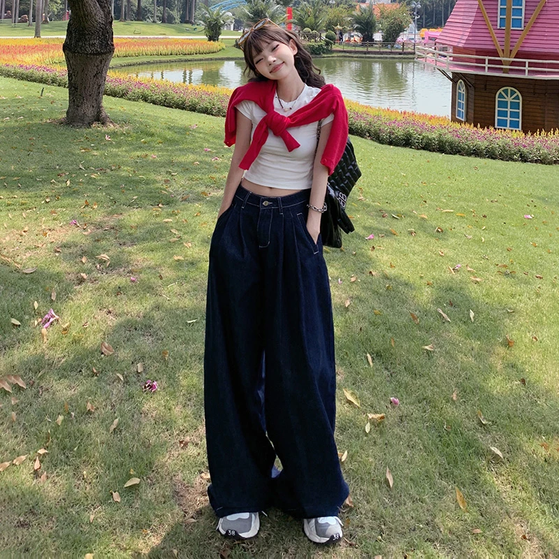 深蓝褶皱阔腿牛仔裤女2025秋冬新款高腰宽松显瘦百搭小个子拖地裤