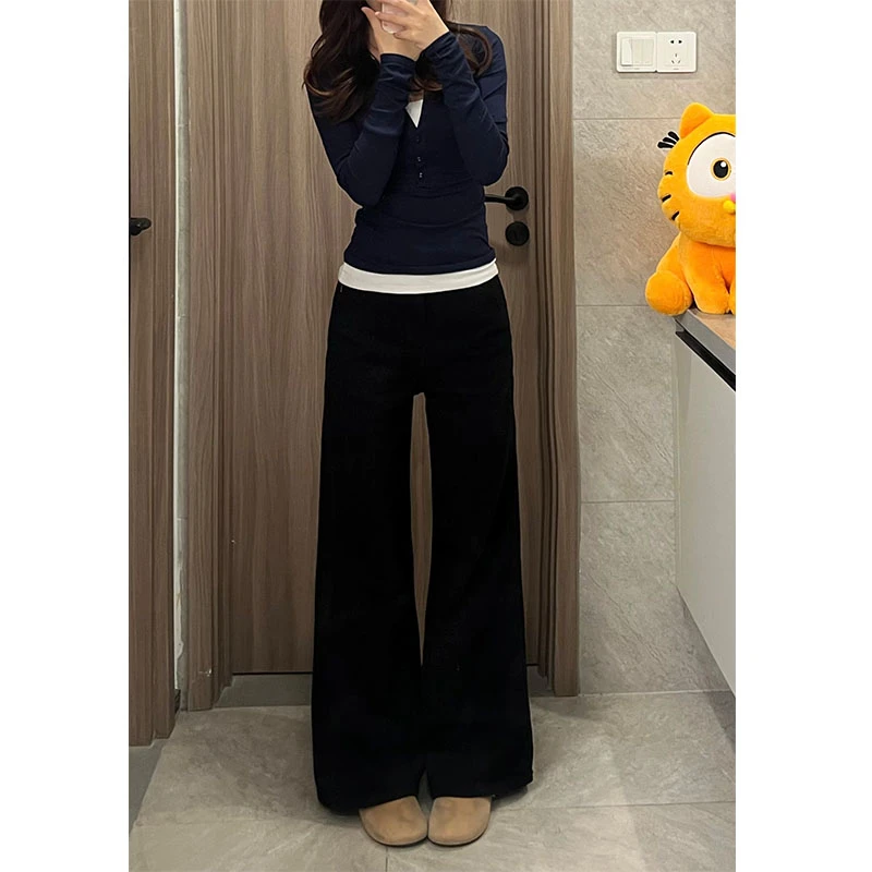 黑色不贴腿微喇牛仔裤女高腰2025秋冬新款宽松显瘦阔腿拖地裤外穿