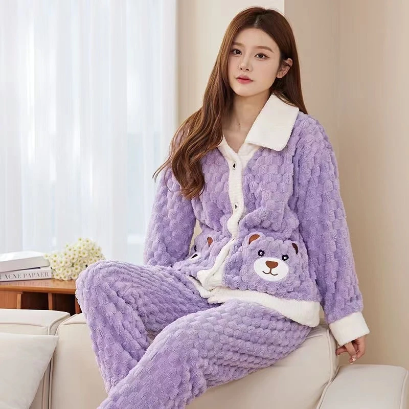 秋冬法兰绒时尚宽松紫色泡泡熊珊瑚绒加绒加厚保暖家居服两件套