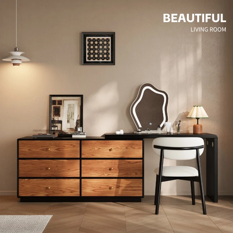 BEAUTIFU 梳妆台斗柜一体收纳柜现代简约复古中古风伸缩实木妆台