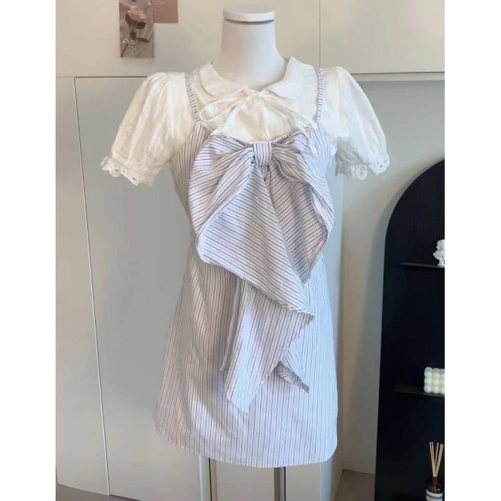 蝴蝶结条纹吊带连衣裙女装2024夏设计感裙子显瘦甜美