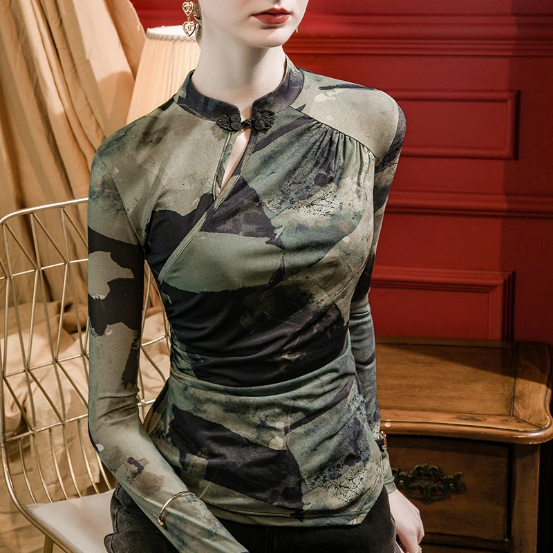 旗袍领盘扣扎染印花网纱设计感上衣女时尚2023春秋新款复古小衫