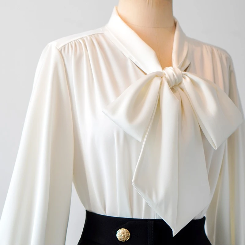 高档优雅显白蝴蝶结飘带衬衫女士春秋缎面杏色白色衬衣时尚气质