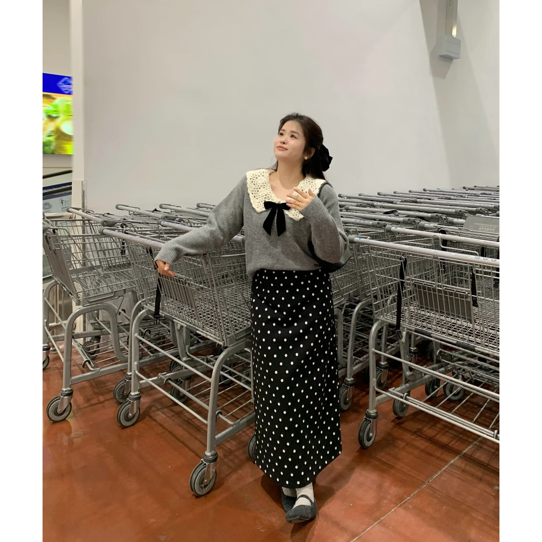 大码胖妹妹珍珠咩咩秋季半身裙法式高腰波点长裙