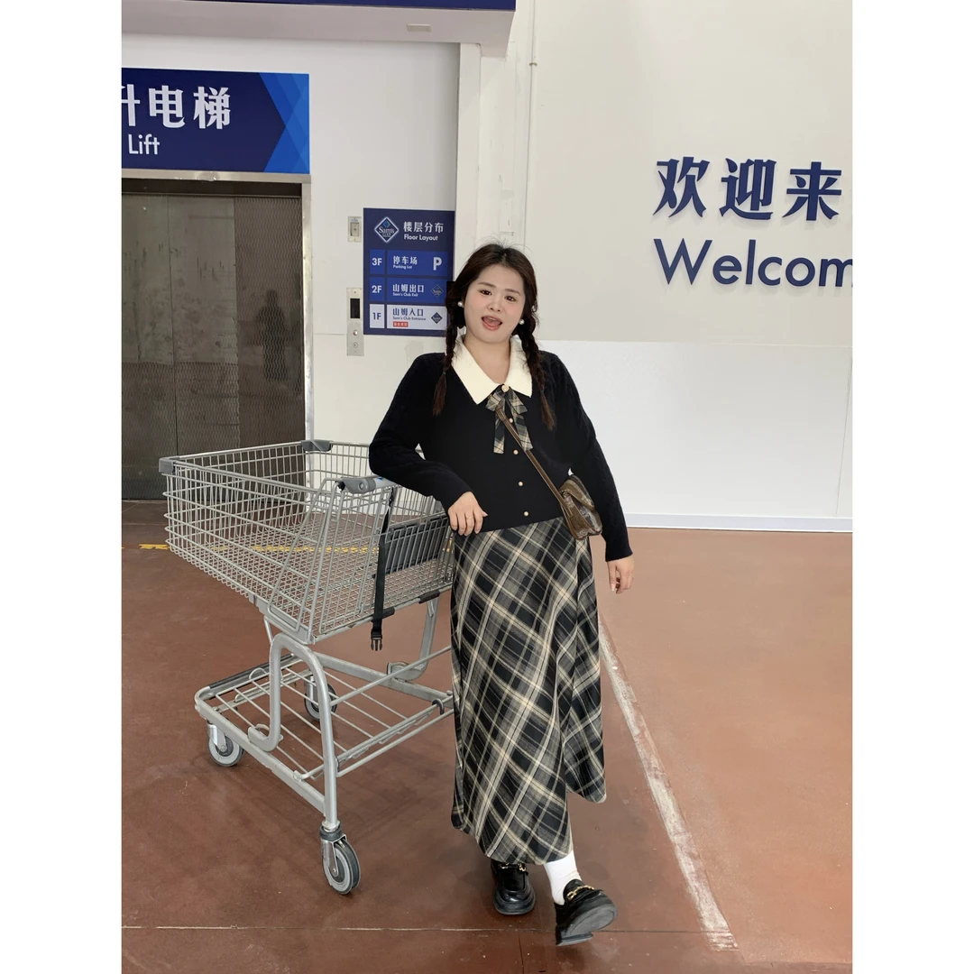 现货【后歇周末】大头婷微胖定制秋季毛呢格纹高腰半身裙