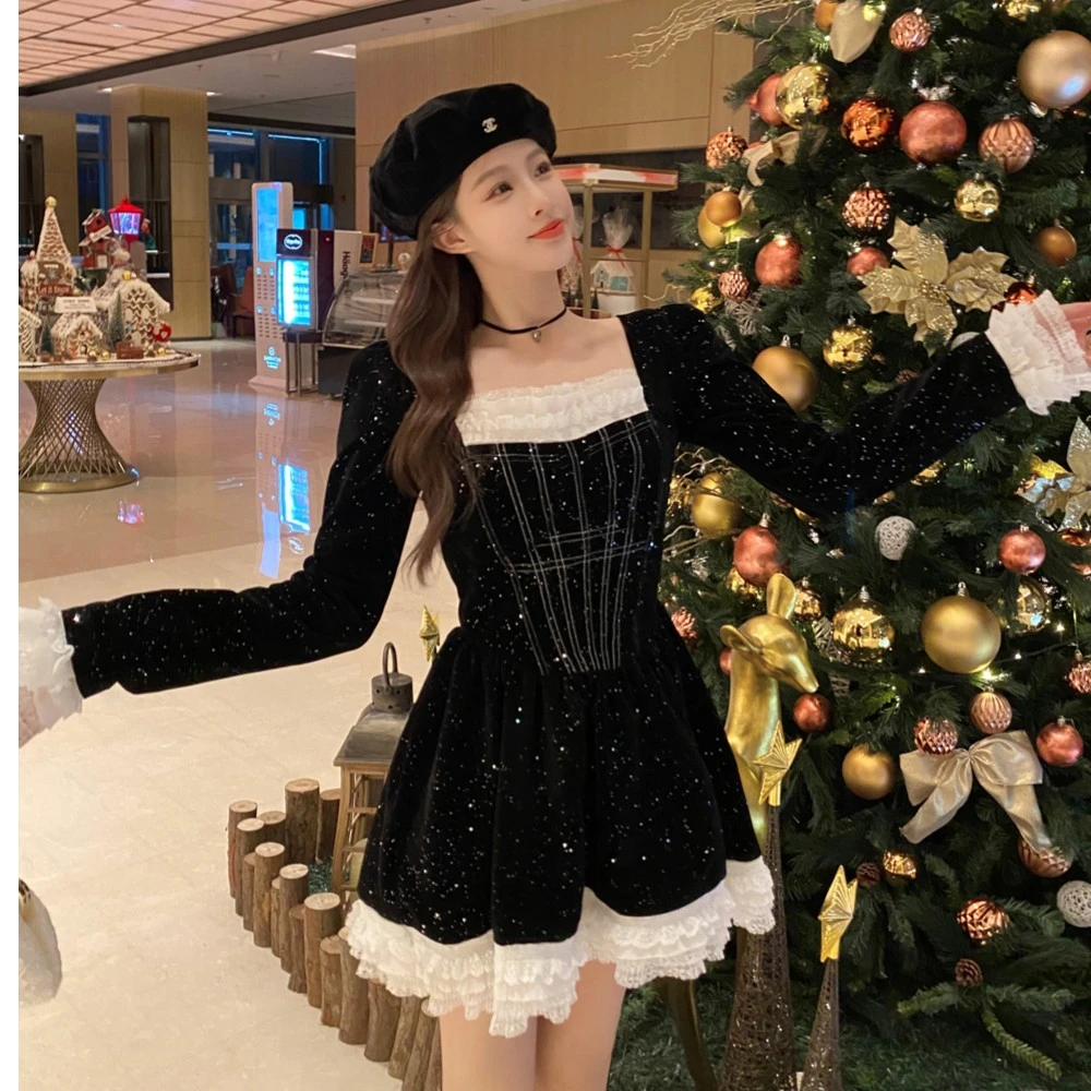 【BlingBling跨年夜】大码女装长袖连衣裙秋冬胖mmA字裙胖妹妹短裙