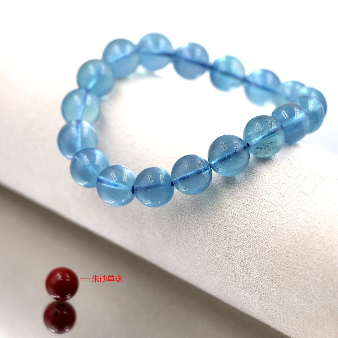 含辰砂工艺品高品魔鬼蓝海蓝宝手串搭配朱砂单珠G8453-多样性发一
