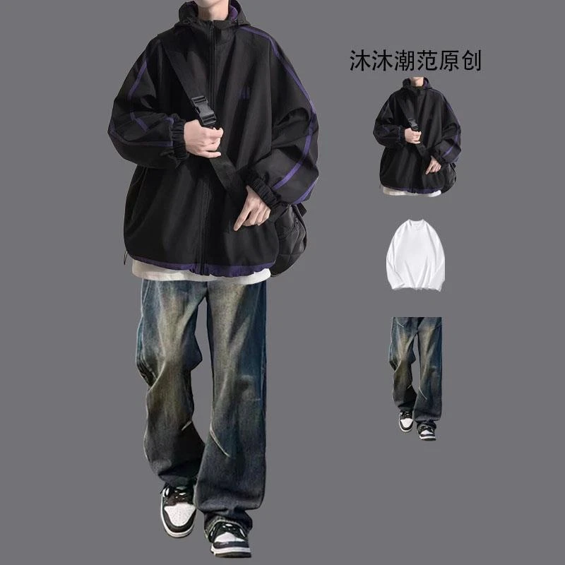 工装连帽外套男士秋季冲锋衣夹克休闲套装一套搭配牛仔裤痞帅穿搭