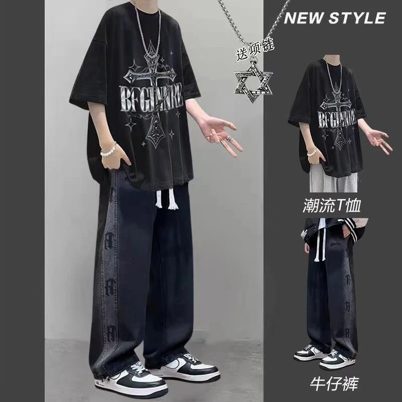 夏季短袖男生港风ins潮牌美式T恤高街男装一套搭配休闲牛仔裤套装