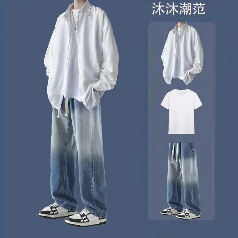 新款男装搭配秋夏季男长袖衬衫潮流一整套搭配青年休闲套装痞帅气