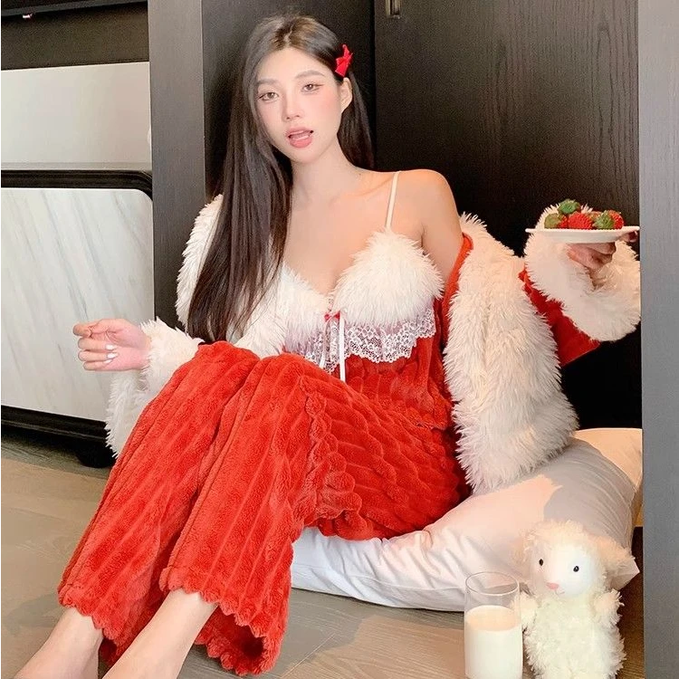 2024新款新年睡衣女秋冬性感圣诞加厚可外穿家居服三件套装睡衣女