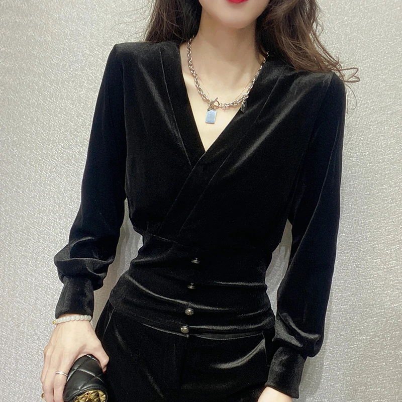 长袖t恤女丝绒上衣黑色2025春季时尚打底衫内搭洋气高档DD8341潮
