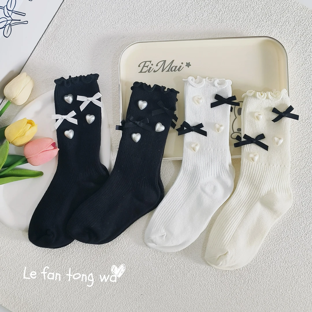 女童花边袜子春秋木耳边蝴蝶结中筒袜秋季韩系公主儿童配皮鞋高筒