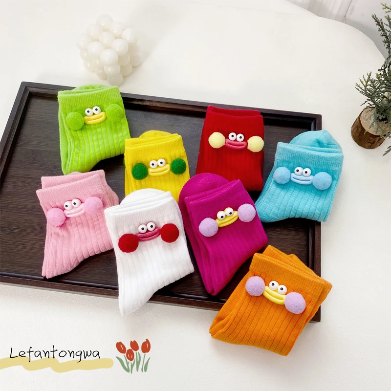 女童彩色袜子春秋款儿童中筒立体卡通棉袜多巴胺纯色韩系稀奇古怪