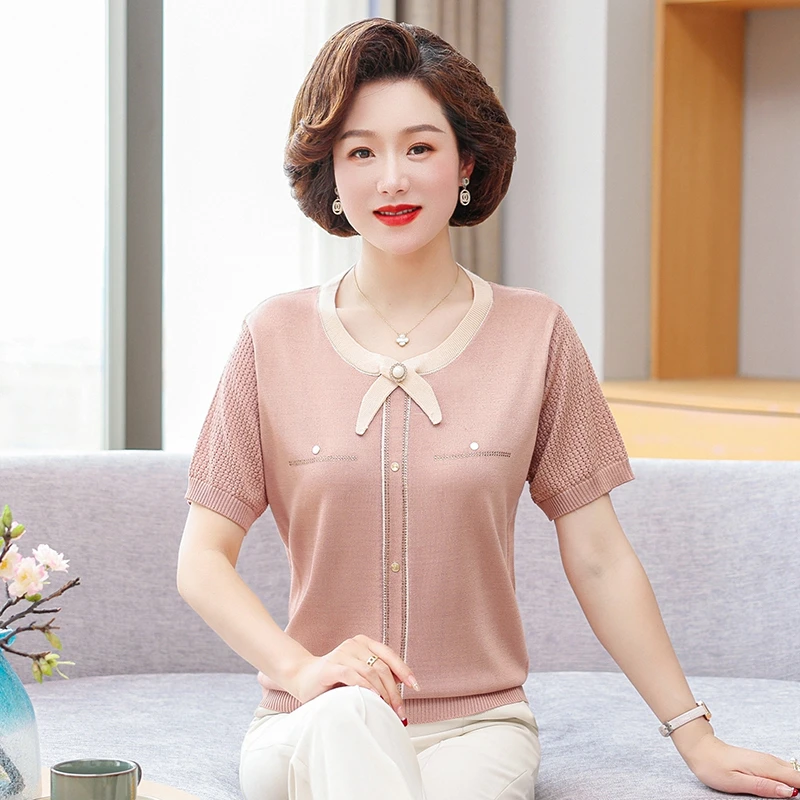 2023妈妈装夏季新款单面短袖中年提花简约潮牌低领冰丝针织短袖