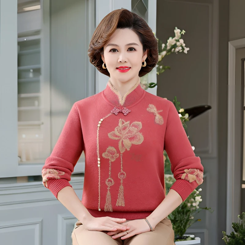 妈妈装一体绒中老年秋冬长袖复古国风绣花洋气加绒加厚针织打底衫