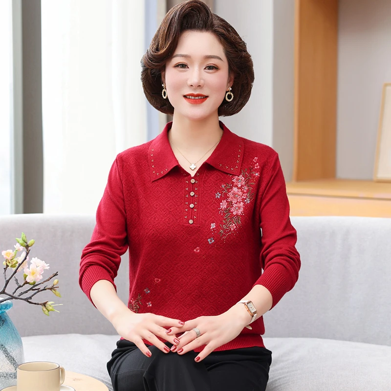妈妈装中年春秋季新款薄翻领 T恤透气亲肤绣花长袖洋气宽松毛上衣