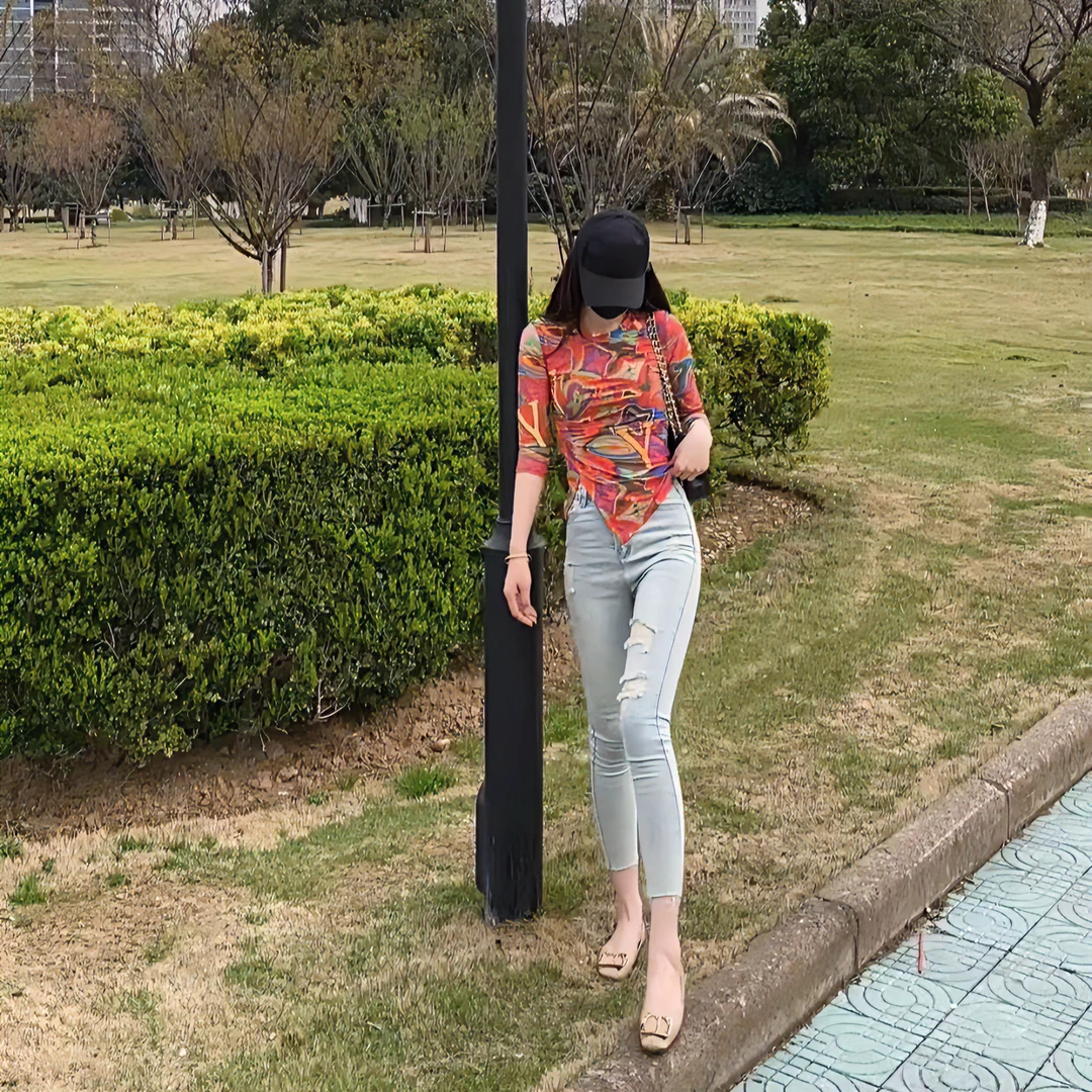 【金金家】欧货复古 洋气印花圆领不规则长袖衫打底衫～0089#迷彩